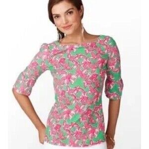 Lilly Pulitzer Boatneck Belle Top All A Flutter Pink Green Butterfly Size XL